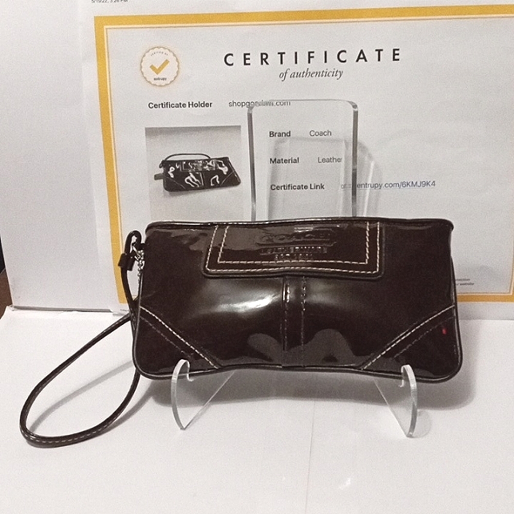 Vintage COACH Dark Brown Patent Leather Wristlet Purse.